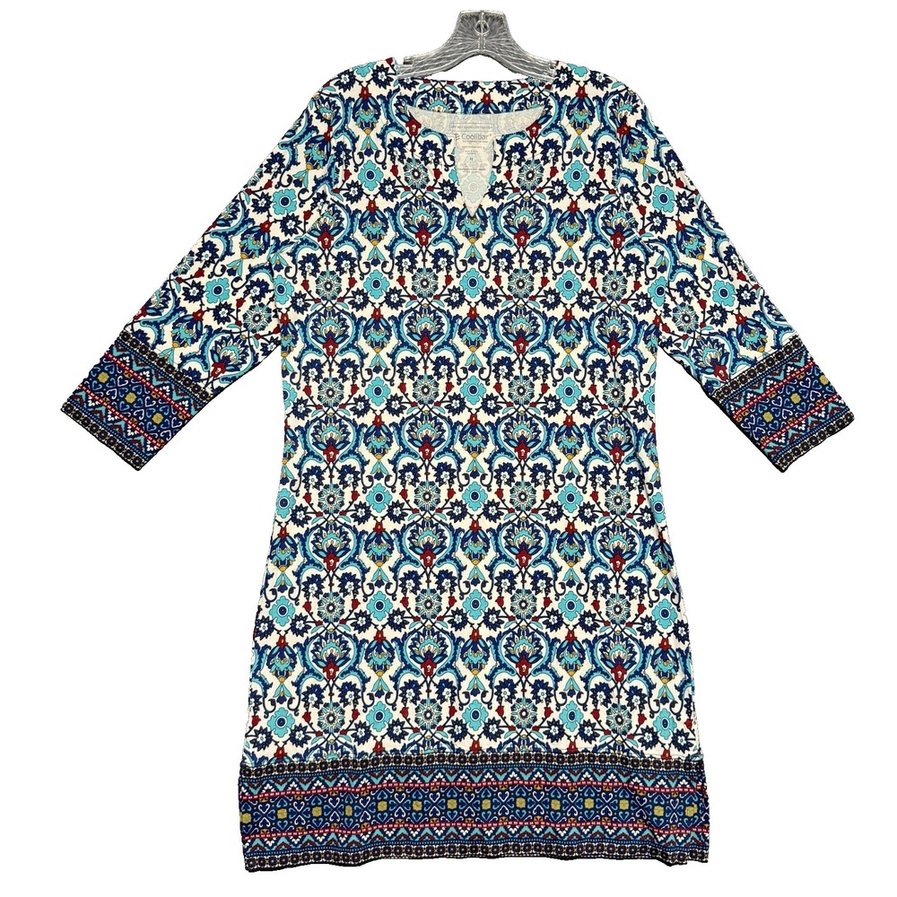 Coolibar Oceanside Tunic Dress M Boho Blue Paisley UV UPF 50+ Boho Resortwear